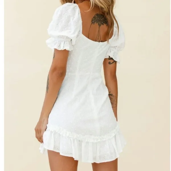 NWT Selfie Leslie Hayden White Eyelet Cotton Milkmaid Puff Sleeve Mini Dress M - Image 2