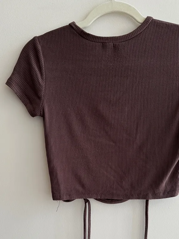 Garage Ribbed Cropped Tie Front Top, Casual Going Out Top, Brown, Size Medium - Image 11