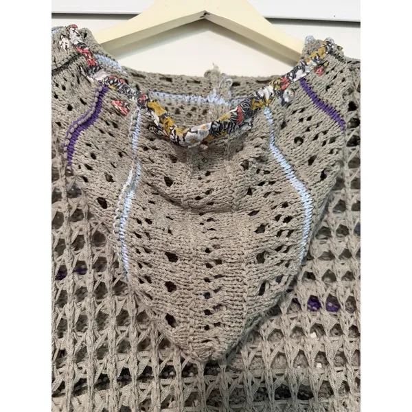 POL Crochet Open Knit Hoodie Gray Boho Mesh Sweater Cottagecore Granola Bohemian - Image 4