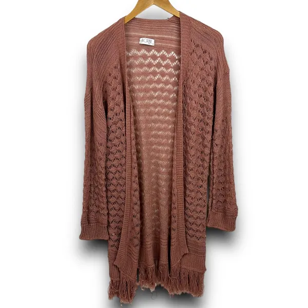 Boho Chic Open Knit Long Cardigan Fringe Trim Lightweight Mauve Small Medium - Image 5