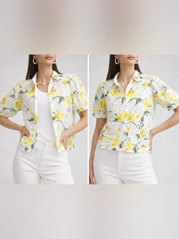 Chico’s Floral Eyelet Button-Front Puff Sleeve Blouse White Yellow Size 1 (US 8) - Image 2