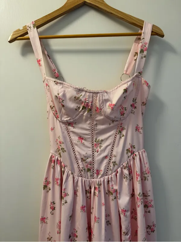 Amazon Floral Pink Corset Midi Dress with Side Slit - Image 5
