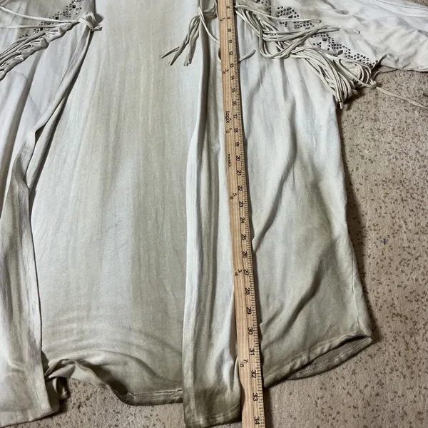 Lawman Western Boho Fringe Cardigan Women XL Khaki Rhinestone Ombre Open Front - Image 4