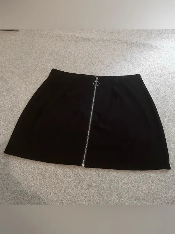 Black Ribbed Suede Mini Skirt with Silver Circle Zipper - Image 5
