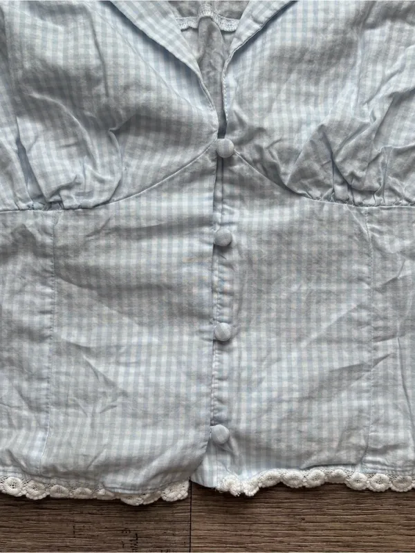 Coquette white/blue gingham button down blouse lace trim femenine minimalist - Image 5