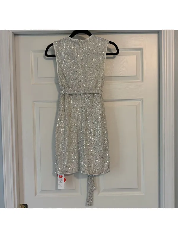 New Women's Cider Dress Size S Silver White Sequin Wrap Mini Party - Image 4