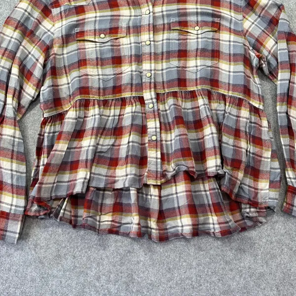 Lucky Brand Plaid Western Pearl Snap Peplum Shirt Red Blue Yellow Rodeo Festival - Image 5