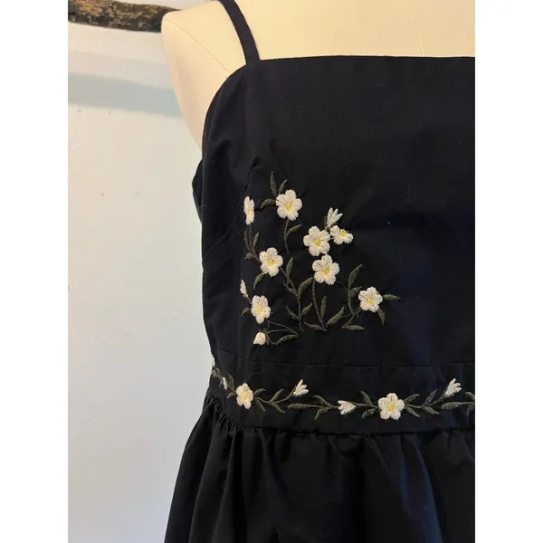 Navy Blue Floral Embroidered Folk Tiered Midi Dress Size Small 100% Cotton - Image 3