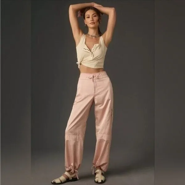 ANTHROPOLOGIE Pilcro Satin Cargo Parachute Pants Pink Combo Size 31 NEW - Image 4