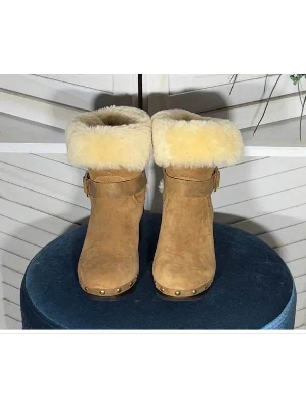 NWOT UGG Lynnea Brown Suede Shearling Cuff Clog Boots 7 - Image 4