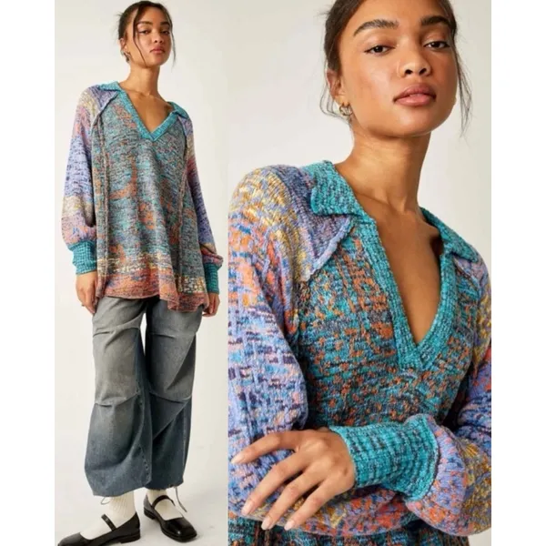 Free People Bohemian Seasons Of Sun Oversized Tunic Sweater Dress XL 70s Fall - Image 2