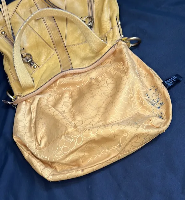 Fossil Mustard Yellow Double Strap Distressed Leather Satchel Purse - Image 6