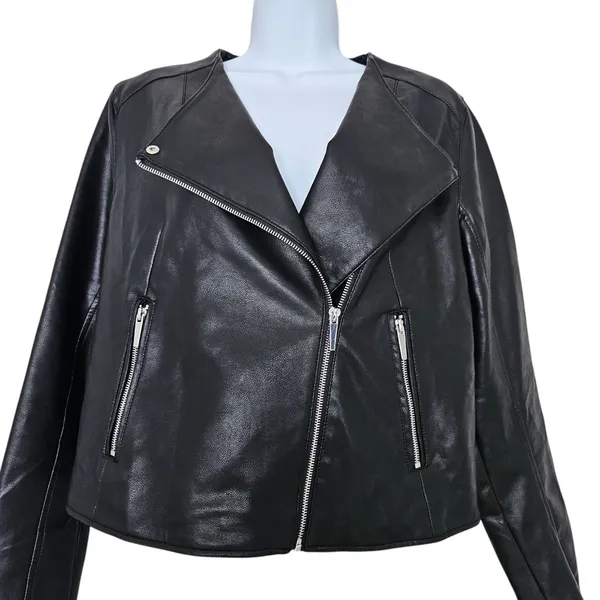 Mango MNG Faux Leather Biker Moto Jacket Womens Medium Black Zip - Image 5