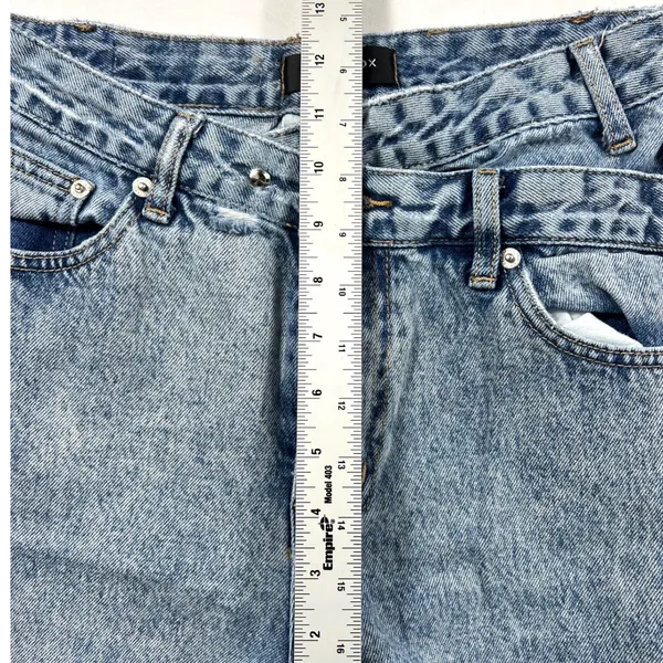 White Fox Small Blue Acid Wash Crossover Waist Straight Leg Jeans STAINED - Image 10