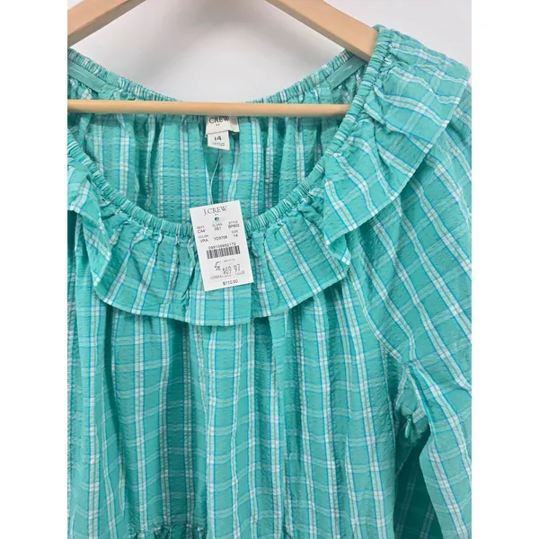 J.Crew Dress Womens 14 Green Plaid Ruffle Neck Tiered Seersucker BP802 New - Image 3