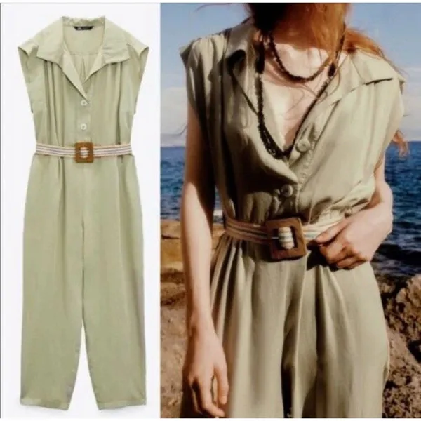 ZARA Jumpsuit Size S Khaki Cap Sleeve Crop Leg With Belt‎ loops Button Up - Image 2