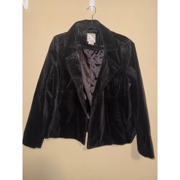 Old Navy Black Velvet Pea Coat Jacket Womens Lined L Dark Academia Preppy Fall - Image 3