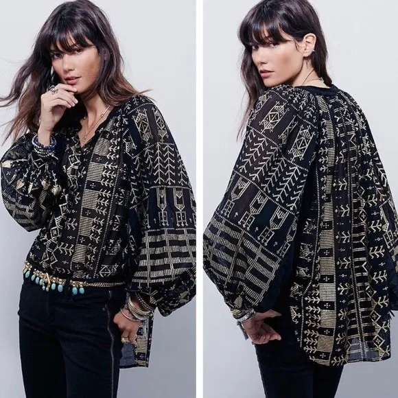 Free People New Romantics Palacio Blouse Womens Black‎ Gold XS - Image 2