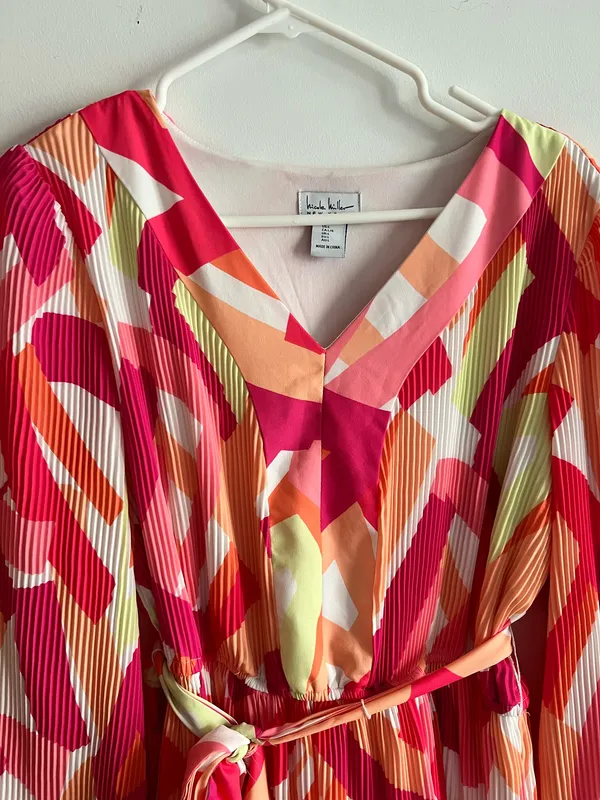 Nicole Miller NY Pleated Mini Dress Size L Multicolor Abstract V-Neck - Image 5