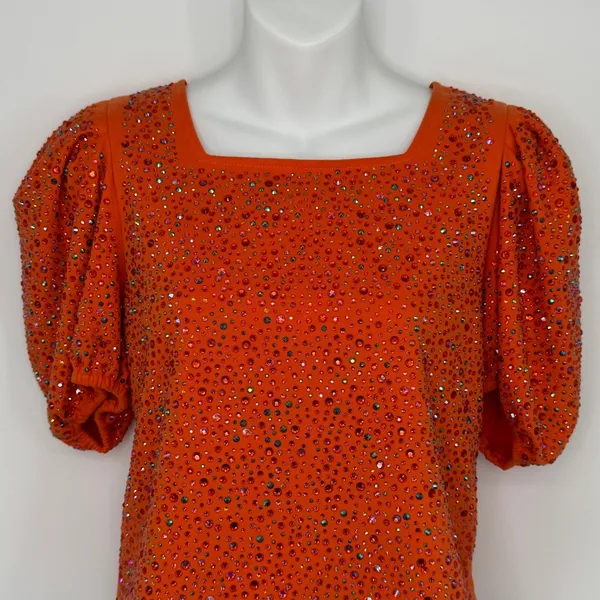 Queen of Sparkles Top XS Orange Rhinestone Puff Sleeve Square Neck Party‎ Bling - Image 3