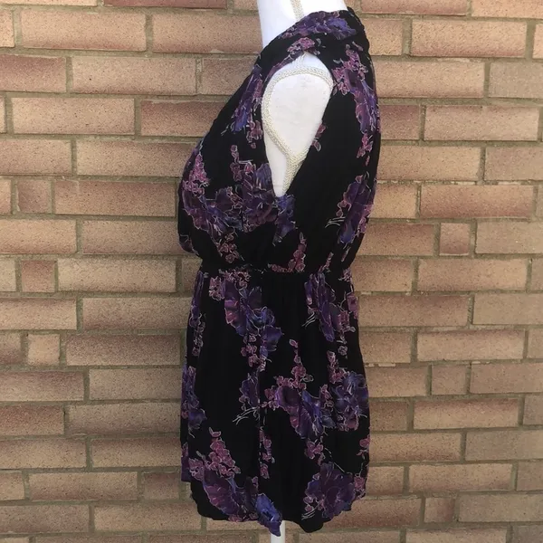 Free People Mini Dress S/P Black Purple Floral Cowl Neck Sleeveless‎ Boho - Image 4