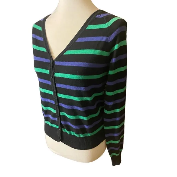 XXI Womens Cardigan Sweater Stripe Long Sleeve Button Front V Neck Blue Large - Image 5