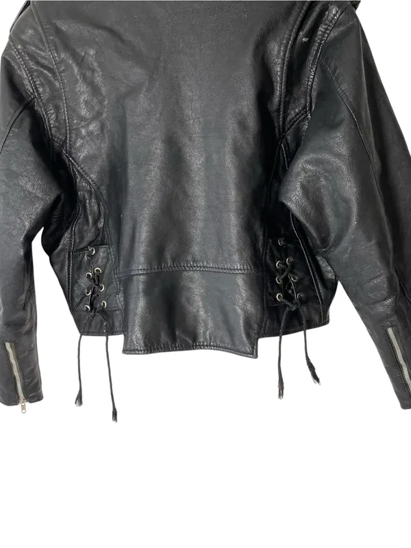 VINTAGE SARAH Black Leather Moto Jacket Size L - Image 9