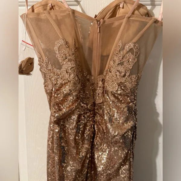 Strapless Gold‎ Embellished Gown By Ladivine CD3936 Size 4 - Image 8