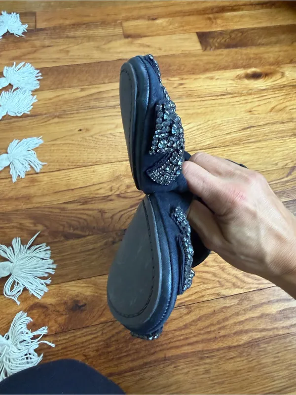 Tory Burch Navy Blue Suede Crystal Bow Eddie Flats - Image 8