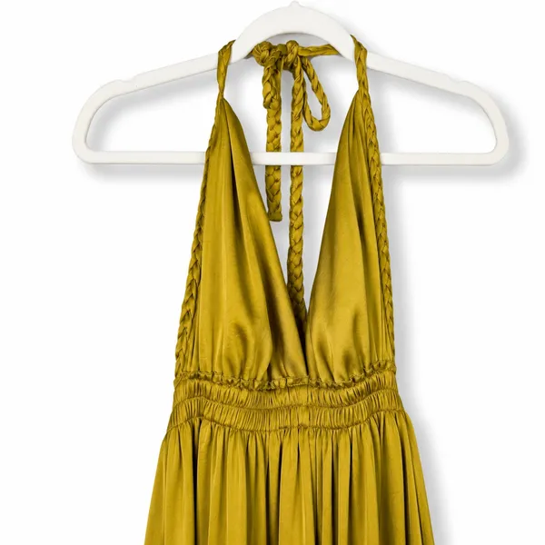 LoveShackFancy Golden Satin Plunge V-Neck Braided Halter Open Back Maxi Dress - Image 9