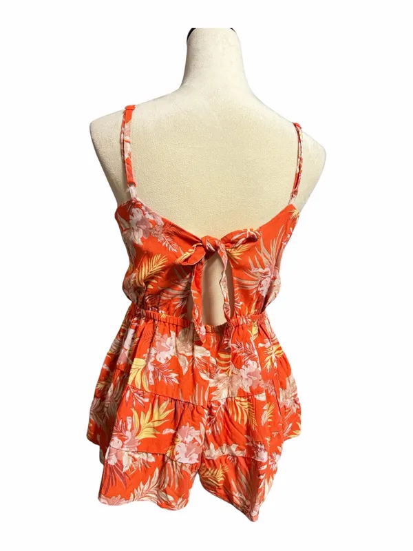 Derek Heart Tropical-Print Orange Mini Romper - Sleeveless V-Neck Sz M - Image 3