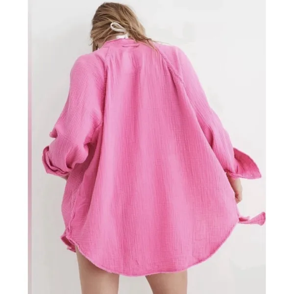 Aerie Oversize Women's XS Pool To Party Hot Pink Gauze Cover‎ Up Button Up Shirt - Image 3