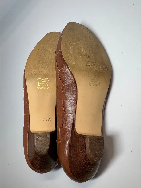 Vintage Sugarfoots Brown Leather Woven Peep Toe Pumps Women’s 7.5 M Brazil - Image 7