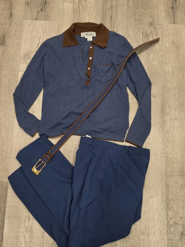 Carlisle Silk Cashmere Button-Up Top Wool Pants & Leather Belt Set Blue & Brown - Image 6