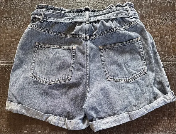 H&M Womens Cuffed Blue Jean Shorts Paperbag High Rise Elastic Waist Tie Belt 14 - Image 6