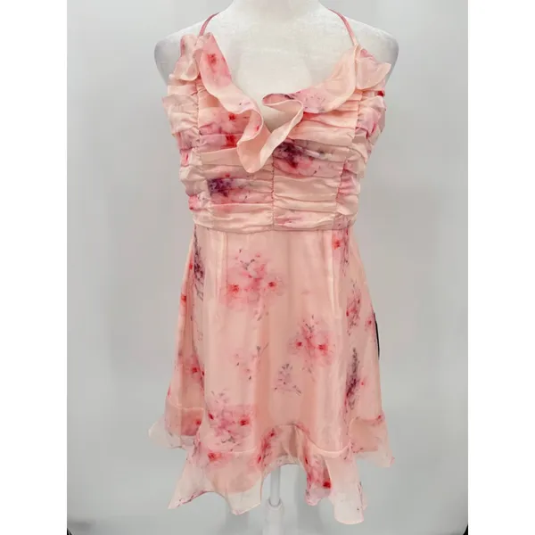 Lulu’s Pink Floral Fairy Ruffle Mini Party Dress Ruched Bodice Medium NEW - Image 2