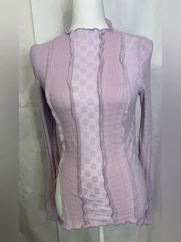 Free People Light Pink Ruffled Cable Knit Mock Turtleneck Sweater - Image 3