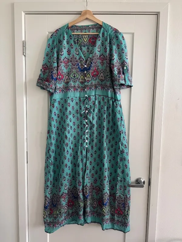 Button Down Short Sleeve County Dress Green Size XXL - Image 3