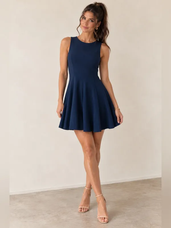 Hutch Navy Blue Minimalist High Neck Fit & Flare Sleeveless Mini Dress Small - Image 8