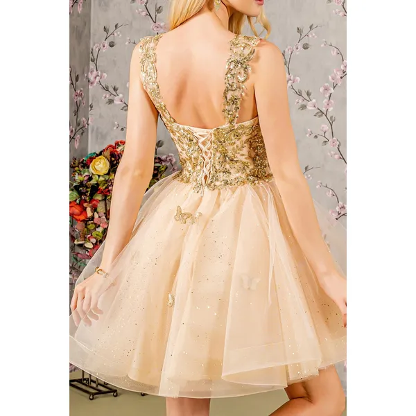 Fiesta Fashion Gold Butterfly Appliqué Sequined Corseted Fit & Flare Party Dress - Image 4