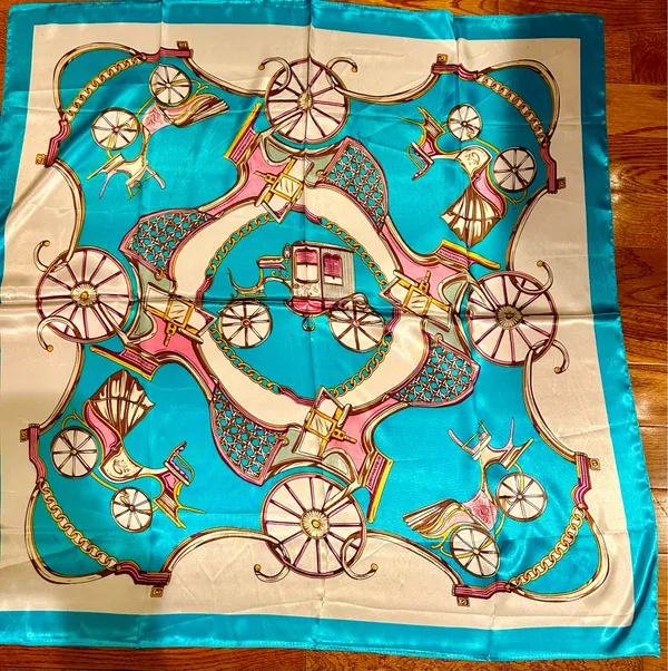 VTG Royal Regal Carriage Print turquoise/PINK oversized square Silky Scarf 35/35 - Image 3