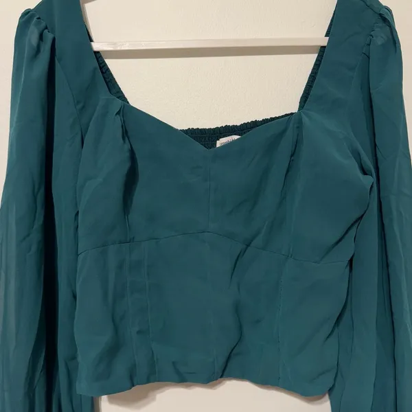 NEW Abercrombie & Fitch Long Sleeve Poplin Square Neck Top Large Emerald Green - Image 3