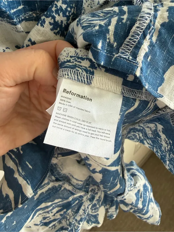 Reformation Toscana One Shoulder Wrap Linen Mini Dress Blue White Size 4 - Image 11