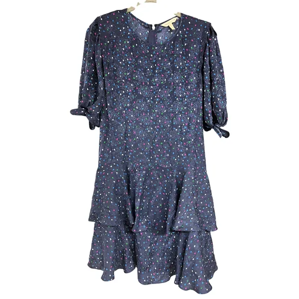 Rebecca Taylor Speckled Dot Silk Mini Dress Navy Blue Tiered Ruffle 2 - Image 4