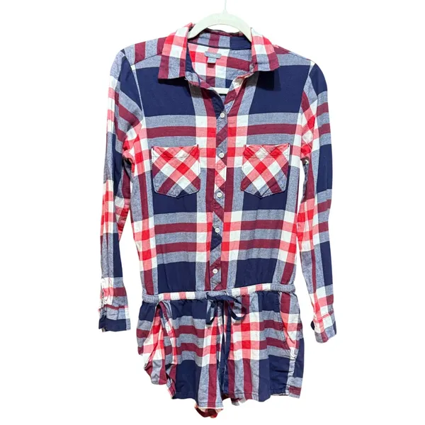 Aerie‎ Blue Red Plaid Long Sleeve Button Down Romper Small Americana Preppy - Image 2