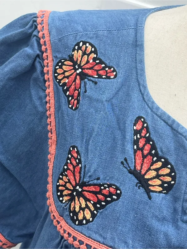 Go Softly Patio Blue Denim Butterfly Embroidered Dress House Duster Medium - Image 4