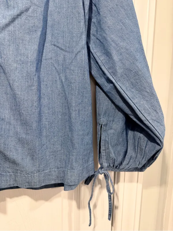 J. Crew Size S Blue Chambray Denim Bow Button Peasant Tie Sleeve Boho Top Blouse - Image 2