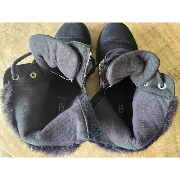 UGG Black Suede Shearling Hiker Boots Women Size 5 US 37 EU Lace Up Zip Winter - Image 8