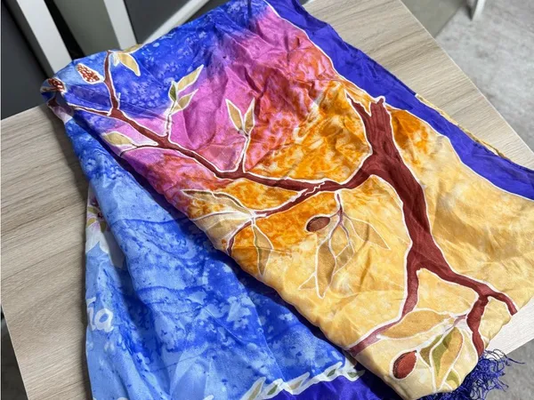 Vibrant Christian Scripture Floral Ombre Hand Rolled Silk Scarf with Fringe - Image 7