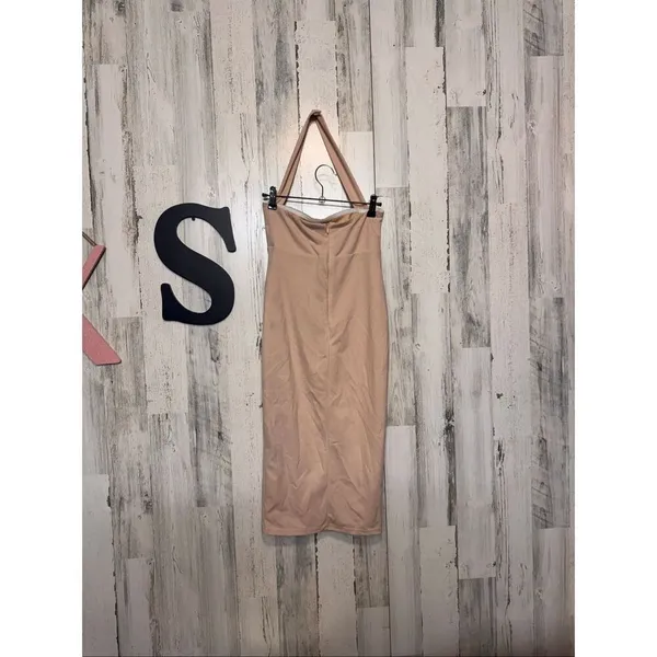 Nude Bodycon Midi Dress XS Halter Strap Fitted Stretch Cocktail Club - Image 2